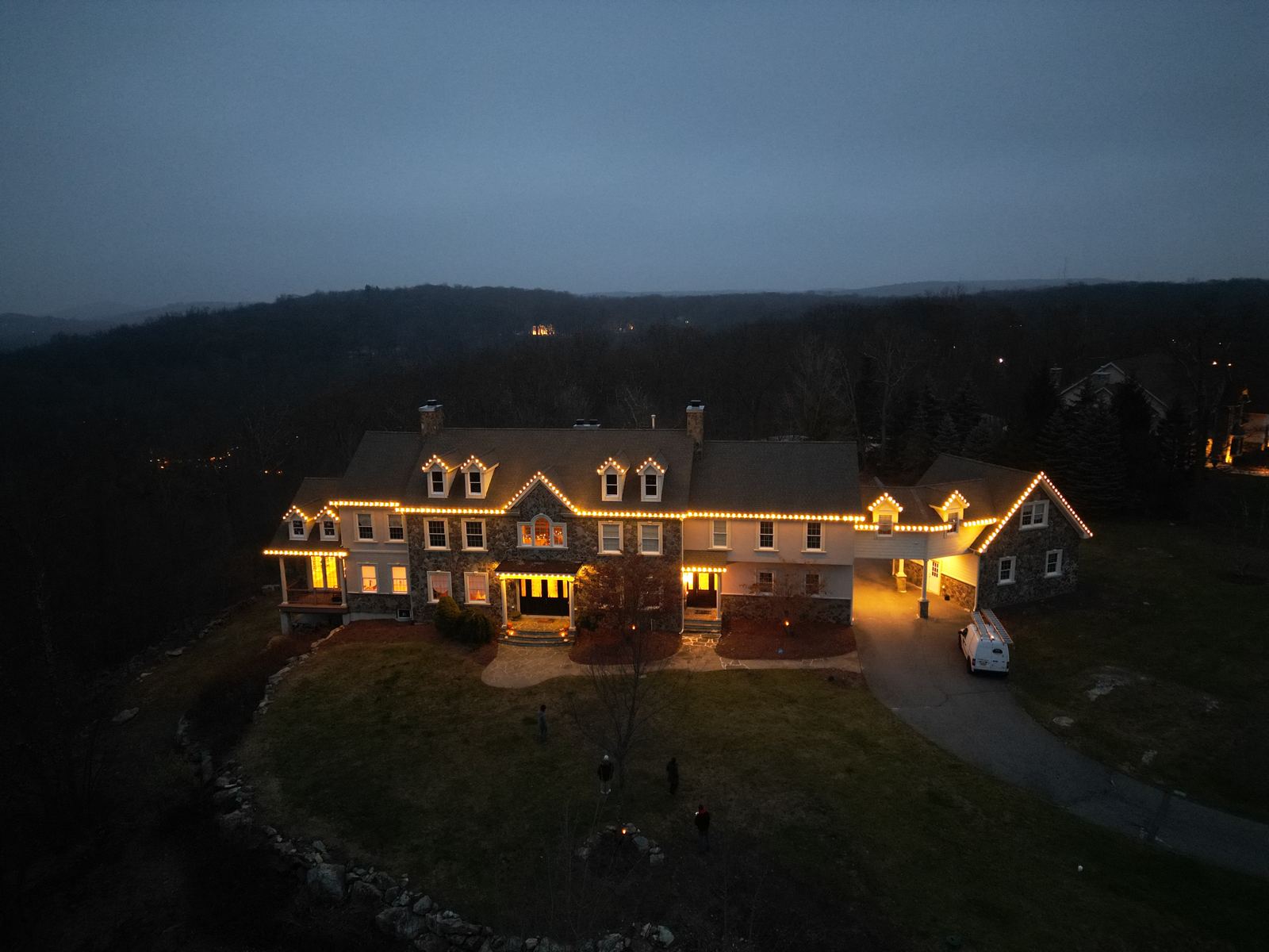 Christmas light installation at dusk